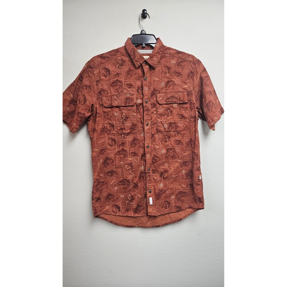 Cabela's Fishing Shirt Mens Medium Rust Brown Fish Print Short Sleeve Vented